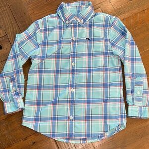 Vineyard Vines Kids' 3T Aqua and Blue Plaid Performance Button Down Shirt